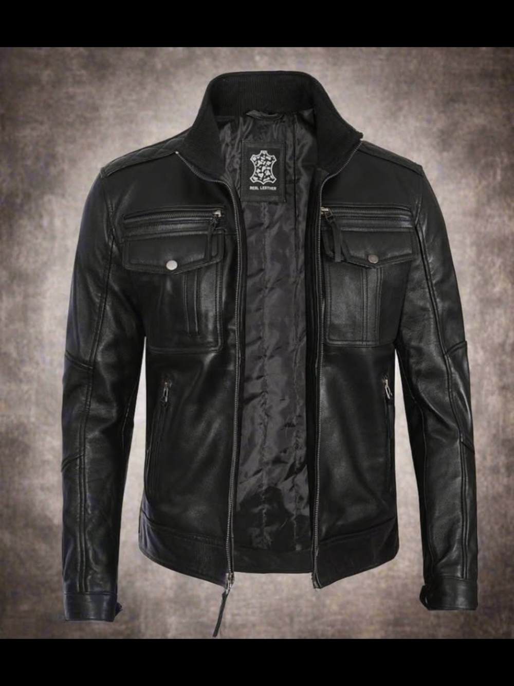 Men's Black Leather Moto Jacket with Zip Front